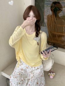 YUEZHONGWEI | Áo Sweater Vest Knit Chống Nắng Bằng Lụa Băng Dây Kéo Màu Vàng