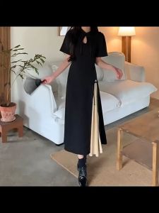 Plus size 130kg summer neo Chinese style improved cheongsam dress design with slit for slimming and belly covering Chinese style skirt