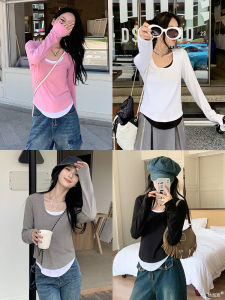 Yang Pao Pao Long Sleeve round Neck T-Shirt Womens Spring Autumn New Style Color Block Slimming Basic Match All Cotton Knitted