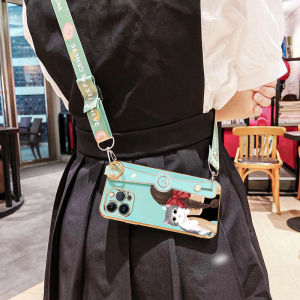 VRQR With Long Wristband Casing for Infinix Hot 20 5G Hot 30i Hot 30 Play X6831 X669 X666 X666B Spark 10 Bowtie Girl And Cute Cat Pattern Luxury Chrome Plated Soft TPU Square Camera Protection Anti Gores Rubber Cases For Girls