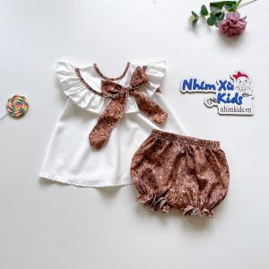 Bộ Áo Quần Nơ Nhí Nâu Bé Gái 4 Đến 30kg Chất Lụa Mềm Mát [S007]