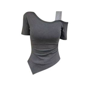 YUEZHONGWEI | Color Block Asymmetrical Shoulder Short Sleeve T-Shirt Women Summer Design Slim Fit Short Length Top Commute Style Universal Fit