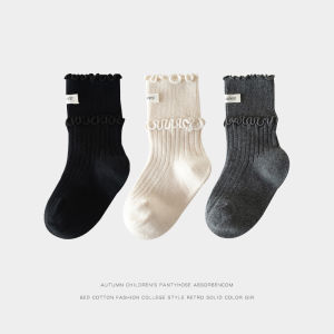 Girls Mid-Calf Cotton Socks Spring Autumn Korean Style Childrens Socks with Wood Grain Edge And Label Trendy Baby Socks