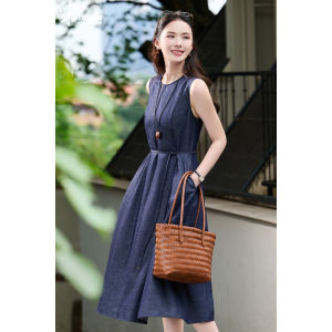 Misoshine | Simple Tencel Linen Blend Sleeveless Slimming Waist Jean Dress Mid-Length