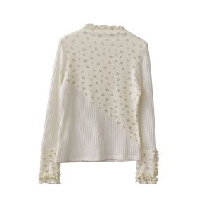 Sweet Floral Asymmetrical Splice Half High Collar T-Shirt Wooden Edge Ear Cuteness Overlap Wear Cotton Long Sleeve Women Top