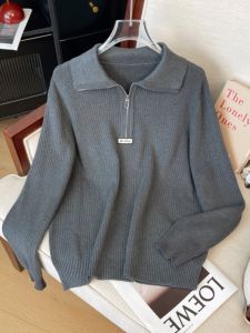 เสื้อสเวตเตอร์ถักแบบมีซิปหลวมๆ หนาๆ สำหรับผู้หญิงในฤดูใบไม้ร่วงและฤดูหนาว เสื้อคลุมกันหนาวแบบสวมหัว ปกครึ่งตัว ผ้าขนสัตว์