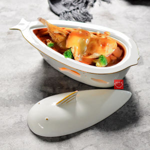 Commercial Ceramic Fish Plate Adult Use Hotel Catering Heated Position Golden Edge Candle Holder Irregular Shape Chinese Style