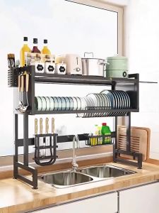 รุ่นล่าสุด ชั้นวางจาน ที่วางจานสแตนเลส 2ชั้น ชั้นวางจานสแตนเลส 304 คร่อมอ่างล้างจาน 65/85/105cm พร้อมประตูกันฝุ่น ชั้นวางของในครัว