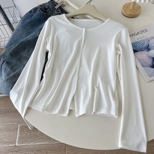Fastener Decoration Bottom Slit Long Sleeves T-Shirt Female Early Autumn Korean Style New Arrival Minimalist Loose Elastic round Neck All-Matching Tops
