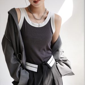 เสื้อกั๊กสีดำแขนกุดสำหรับผู้หญิงในช่วงฤดูร้อน ผ้าถัก ทรงเข้ารูป เสื้อชั้นใน สีบล็อก เสื้อคลุมกันหนาวแบบลำลอง