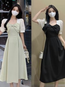 plus Size Midi Dress French Knot Splicing Slimming A-Line Summer New Arrival Casual Style Polyester Fabric Short Sleeve Square Neck