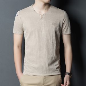 ROMON | Lomond Mens Short Sleeve T-Shirt Summer Thin Loose Round Neck Chinese Style Linen Tang Suit Top Fashion Urban Cool Sensation