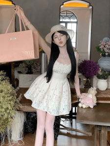 Syj Shuyijia French Style Sweet Lace Trim Printed Strap Dress Women Gentle Princess Short Skirt High Waist Summer Casual