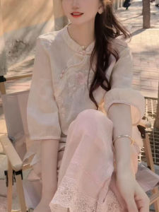 Shalldoer | New Chinese Style Embroidered Buttoned Sun Protection Shirt And Lace Long Pants Womens Two-Piece Set Summer Design Sense