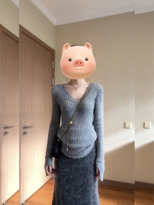 Gray Lazy Knitted Sweater Womens Slim Fit Soft Style Base Shirt Elegant Inner Wear Top Korean Style Commute Long Sleeve V-Neck