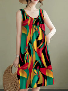 ชุดเดรสยาวแขนกุดคอตั้งลายดอกไม้ทรงเอเอวสูงสำหรับผู้หญิงในช่วงฤดูร้อน ชุดเดรสยาวปานกลาง แขนกุด ทรงเอ ทรงเข้ารูป