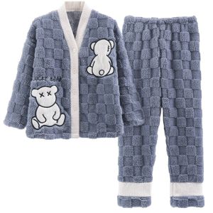 Womens autumn and winter pajamas coral fleece home clothes flannel thickened version winter plus plus velvet warm suit
