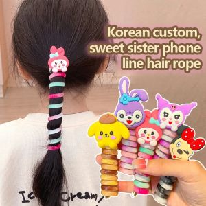 Korean Sanrio Cartoon Cute Colorful Telephone Wire Hair Rope for Kids Fashion Spiral Hair Ties Japanese Braided Telephone Cord Hair Ring
