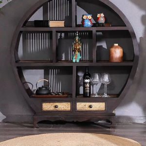 ไม้เนื้อแข็งไม้ไผ่สานห้องโถงตู้เก็บของไม่มีประตูพาร์ทิชันตู้ไวน์ห้องนั่งเล่นตู้โชว์กลมตกแต่งตู้ไวน์พาร์ทิชันตู้หนังสือชั้นวางหนังสือ