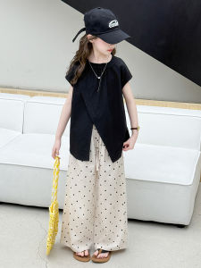Girls Summer Casual Thin Sleeveless Wide Leg Pants Two Piece Set Childrens Clothing Fashionable Trendy Cotton Long Pants