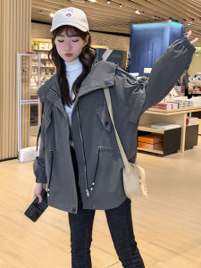 Korean Style Womens Mid-Length Jacket Spring Autumn Student Workwear Casual Versatile Outerwear Button Belt Zipper Hat Pocket