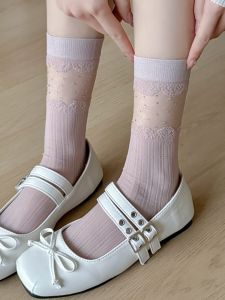 Tất Lưới Thoáng Khí Mỏng Đến Giữa Bắp Chân Cho Nữ Mùa Hè Tất Cotton Tất Dài Màu Trơn Tất Xếp Nếp Tất Mùa Thu Tất