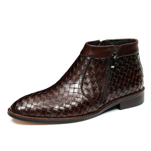 Mens Low-Top Genuine Leather Martin Boots Zipper High-Top Business Formal Shoes Weaving British Style Boots Floral Carving