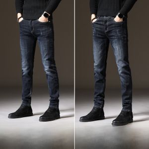 ROMON | Romon Mens Slim Fit Fleece Lined Thick Denim Jeans Casual Black Business Leisure Elastic Long Trousers Winter Season Fashion