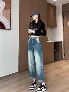 COD  ยีนส์ฮาเร็มทำงานสไตล์เรอเมริกันสำหรับผู้หญิง ฤดูใบไม้ร่วงฤดูหนาว เอวสูง หลวม กระชับสัดส่วน กางเกงคาร์โรต์พ่อ  CNN