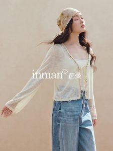 INMAN | Áo Cardigan Len Đan Kiểu Pháp Cổ V Kéo Dây Có Đính Hạt