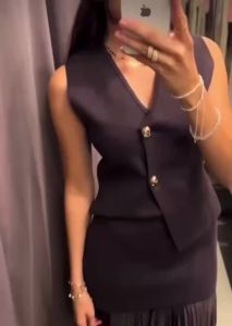 2025 Women Knitted Skirt Set Beige V-Neck Sleeveless Slim Vest +Solid Patchwork Long Skirt Streetwear Summer Casual Set