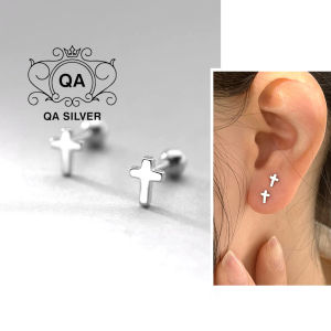 Khuyên tai bạc 925 thánh giá đá chốt bi vặn bông nam nữ S925 CROSS QA Silver Earrings EA230903