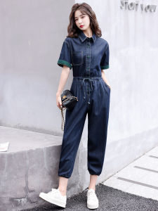 Fashionable Thin Denim Overalls for Women Summer 2023 High Waist Ice Silk Pantsuit Age-Defying Commute Style with Pockets And Tie