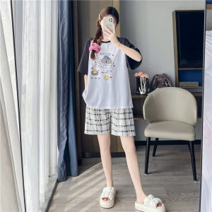 plus Size Summer Cotton Pajamas Women Loose Fit Short Sleeve Shorts Home Clothes Thin Set Cartoon Print Comfortable Sleepwear