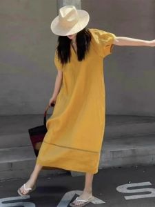 First-Line Brand Leftover Stock Clearance Unique Chic Beautiful Vacation Style Yellow Linen Dress Womens Summer Long Skirt Fashion