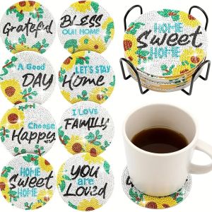 Bộ 8 Miếng Lót Ly Vẽ Tranh Kim Cương Hoa Hướng Dương Kèm Giá Đỡ Bộ Dụng Cụ Làm Thủ Công Mỹ Nghệ DIY Bộ Dụng Cụ Dành Cho Người Mới Bắt Đầu Quà Tặng Làm Tranh Ghép Hình