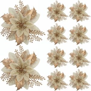 12pcs Artificial Poinsettia Flowers - No Feather Plastic Glitter Christmas Decorations for Tree Wreath Garland