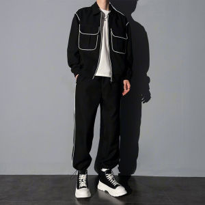 Korean Style Fancy Polo Collar Jacket Suit Mens Trendy Casual Matching Handsome Parka a Suit of Clothes Spring and Autumn Coat