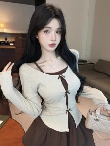 GUZILIAN | Sweet Elegant Slimming Age-Defying Autumnal Two-Piece Set Long Sleeve Cake Skirt Ensemble Korean Style Commute Fashion