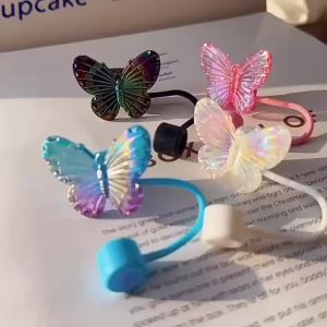🔥Wishwa👍 Sparkling Butterfly Straw Cover Colorful Acrylic Cute Straw Cover Water Cup Dust-proof Cap For Stanley 30&40OZ Tumbler With Handle Reusable 10mm Silicone Large Diameter Straw Tip Cover