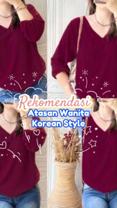 Atasan Wanita Blouse Kekinian Bahan Crinkle Korean Style Kekinian Lengan Karet Leher V-Neck