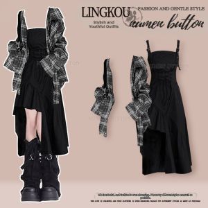 NUMEN BUTTON | Plus Size Age-reducing Slimming Checkered Shirt Dress Set