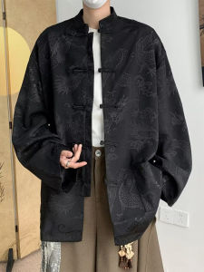 New Chinese Style Mens Shirt with Button Embellished Long Sleeve Loose Outerwear Stand Collar Tang Costume Fashion Trend