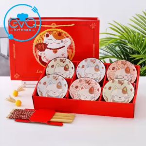 Bộ 6 Chén Sứ Hoạ Tiết Mèo Thần Tài May Mắn Phong Cách Nhật Tặng Kèm 6 Đôi Đũa Tre Cao Cấp