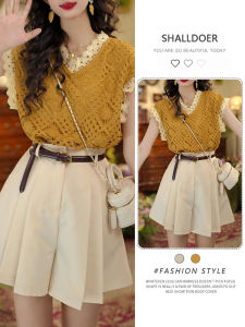 Shalldoer | Summer Casual High Waist Printed Top And Pants Set Womens Fashion Round Neck Sleeveless Two-Piece Suit V-Neck Short Sleeve