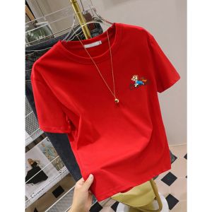 SUSHOUWANGE | Cartoon Horse Print T-Shirt Loose Round Neck Red