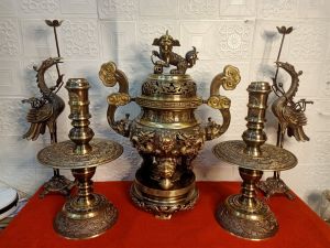Bộ Đỉnh Thờ Lư Thờ Đồng Ngũ Sự Song Long Chầu Nguyệt cao 50cm chất liệu đồng nguyên chất