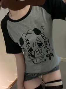 Sweet Cartoon Print Slim Fit Short Sleeve T-Shirt Womens Summer Casual Wear Shoulder Insert Design Versatile Top in Black Grey