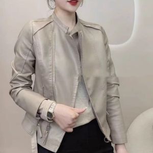 แจ็คเก็ตหนัง PU สำหรับผู้หญิง ฤดูใบไม้ผลิ 2025 แจ็คเก็ตหนังสั้นลำลองสไตล์เกาหลี แจ็คเก็ตหนังคอปกสูท แจ็คเก็ตหนังสุดเทรนด์