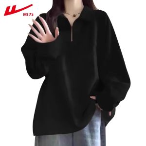 Black Fleece Lined Hoodie Womens Long Sleeve Polo Collar Half Zip Thickened Spring Autumn Winter Loose Fit Comfortable Sweatshirt